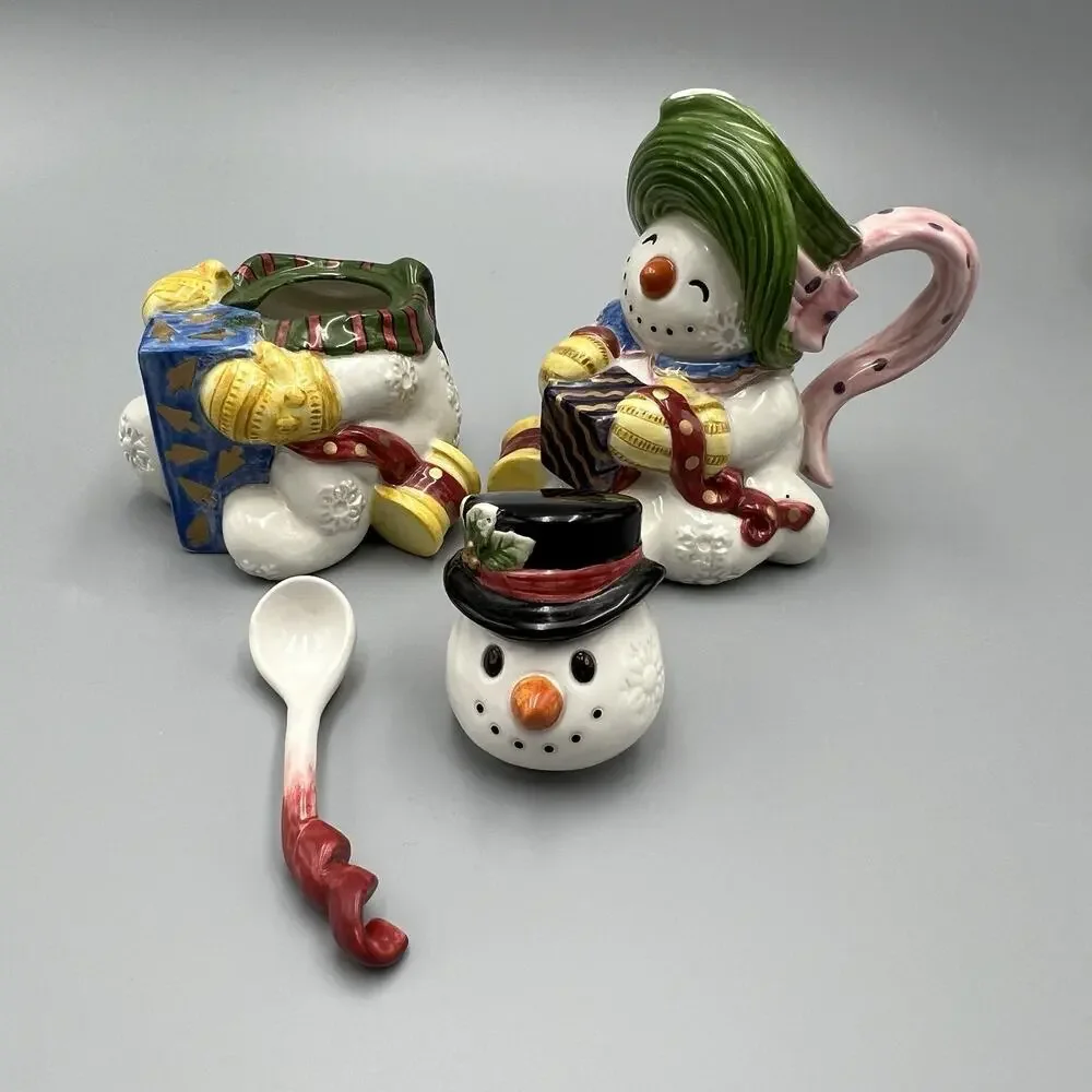 VTG Fitz & Floyd Frosty Folks Creamer Sugar‎ Spoon Set 90s Christmas Snowman